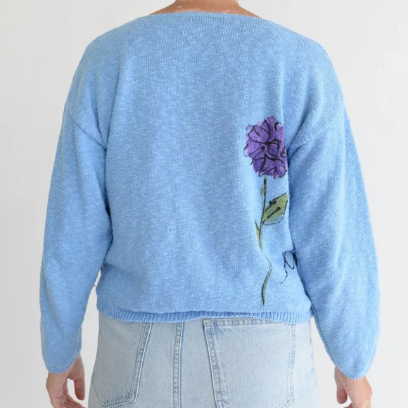 Vintage Victoria Blue with Purple Floral Knit Scoop Neck Cropped Sweater S - Picture 3 of 9